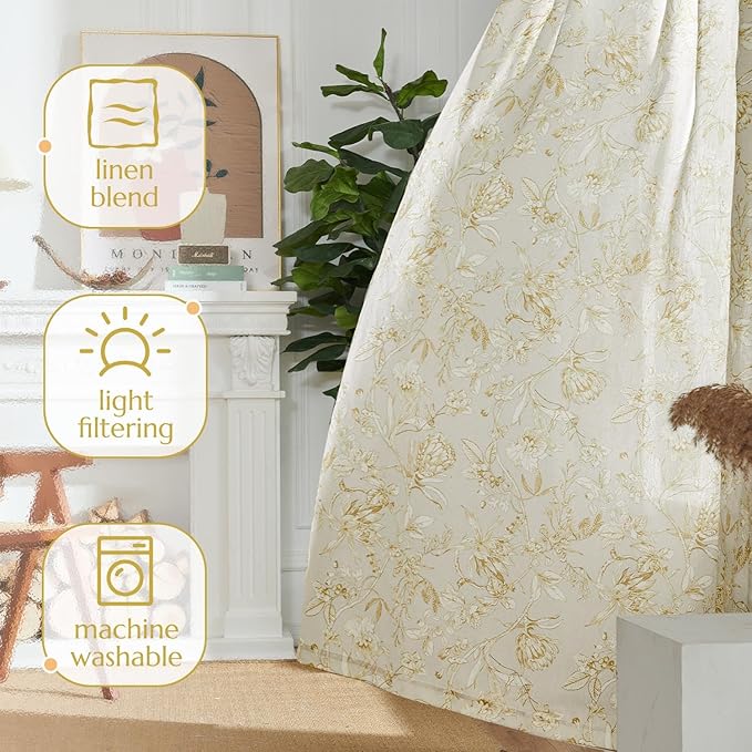 jinchan Floral Curtains 84 Inches Long Mustard Yellow Flower Linen Farmhouse Curtain for Living Room French Country Vintage Curtain Rod Pocket Curtains Set 2 Panels Floral Printed