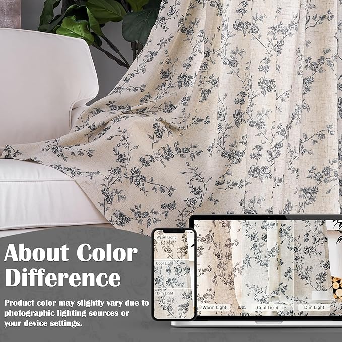 Lazzzy Black Floral Linen Curtains 63 Inch Farmhouse Back Tab Drapes for Living Room Bedroom Light Filtering Vintage Grandmillennial Rod Pocket Curtains, 2 Panels, W38 x L63, Black on Beige