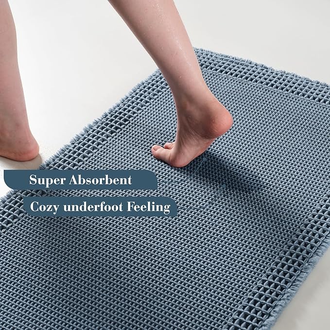 RESARE Waffle Bath Mat for Bathroom, Super Absorbent Bathroom Rugs Non Slip Machine Washable, Ultra Soft Quick Dry Boho Bath Rugs with Tassels for Floor, Upgraded Bordered Design, 24"x36" Blue
