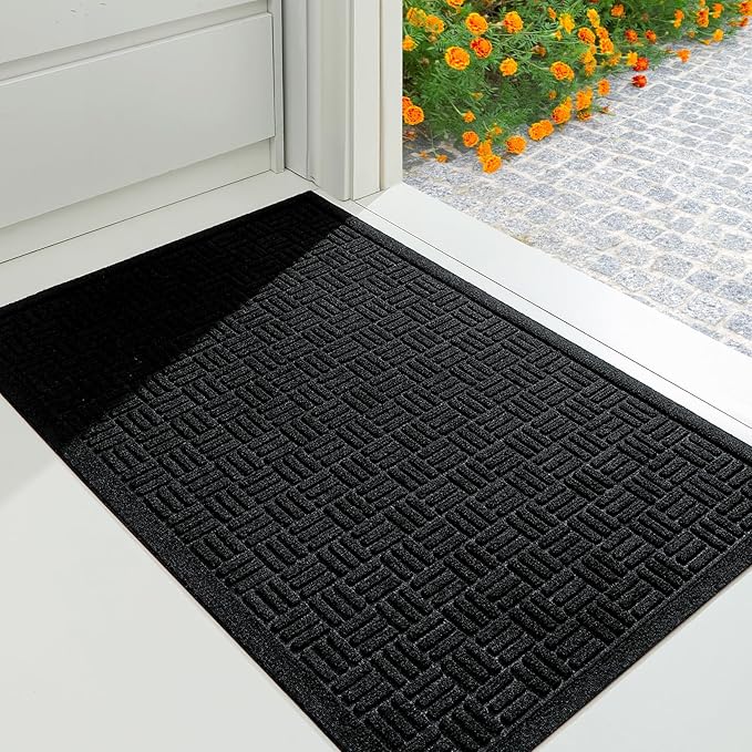 Mibao Front Door Mat Indoor Outdoor Entrance, Dirt Trapping Waterproof All-Season, All-Weather Doormat, Non-Slip Durable Natural Rubber Low Profile Easy Clean Patio Entrance Mat, 36" x 24", Black