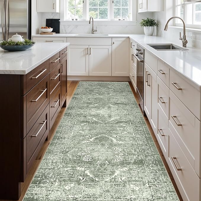 4x10 Washable Hallway Runner Rug - Wide Kitchen Runners Vintage Low Pile Carpet Soft Thin Floor Runner with Rubber Backing for Entryway Bedroom Living Room Home Decor (Muted Sage Green)