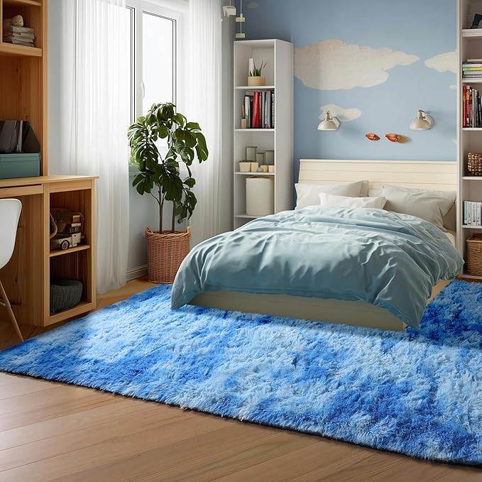 ONASAR Tie-Dye Blue Rugs for Living Room Bedroom, Fluffy 5x8 Bedside Area Rug, Soft Plush Shaggy Indoor Floor Carpet for Nursery Kids Girls Boys Teen Dorm Home Office Decor Aesthetic