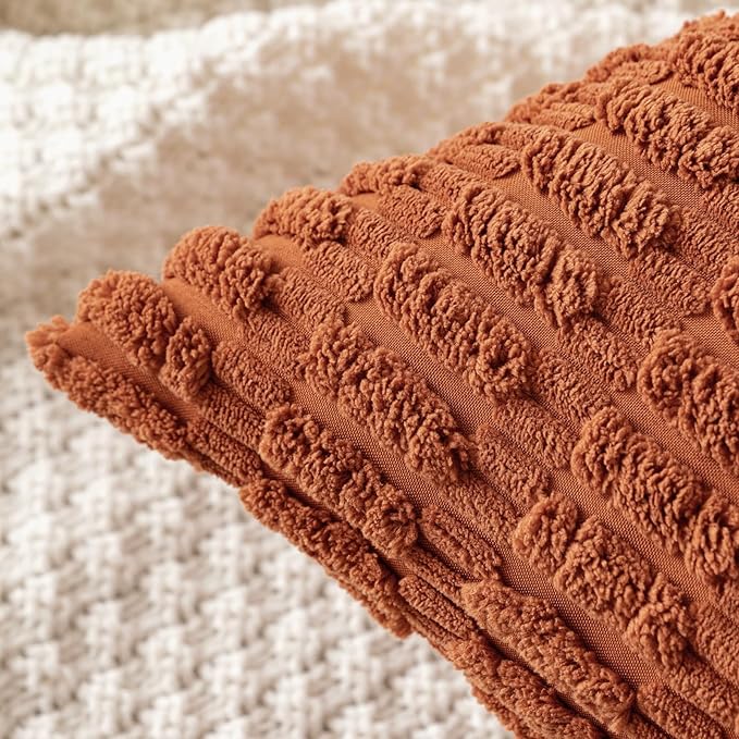MIULEE Pack of 2 Dark Rust Corduroy Decorative Pillow Covers 20x20 Inch Soft Boho Striped Throw Pillow Covers Modern Farmhouse Home Decor for Summer Sofa Living Room Couch Bed
