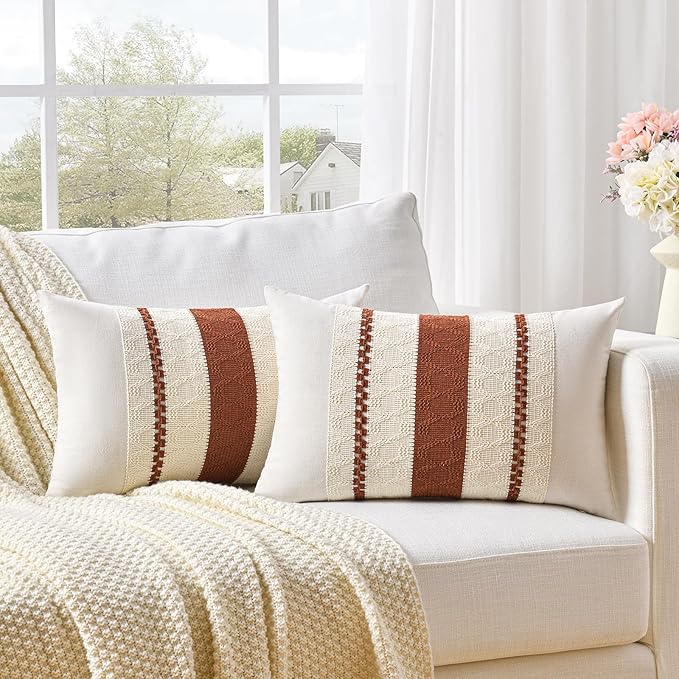 Fancy Homi Set of 1 Rust Boho Long Lumbar Decorative Throw Pillow Cover 12x24 Inch for Couch Bed Sofa, Aesthetic Modern Organic Fall Room Decor, Soft Cotton Cute Terracotta Farmhouse Cushion Case