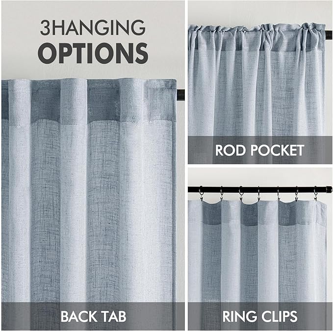 MIULEE Chambray Blue Linen Curtains 54 Inch Length 2 Panels for Bedroom Living Room, Soft Linen Textured Window Drapes Semi Sheer Light Filtering Back Tab Rod Pocket Farmhouse Modern Burlap Look Decor