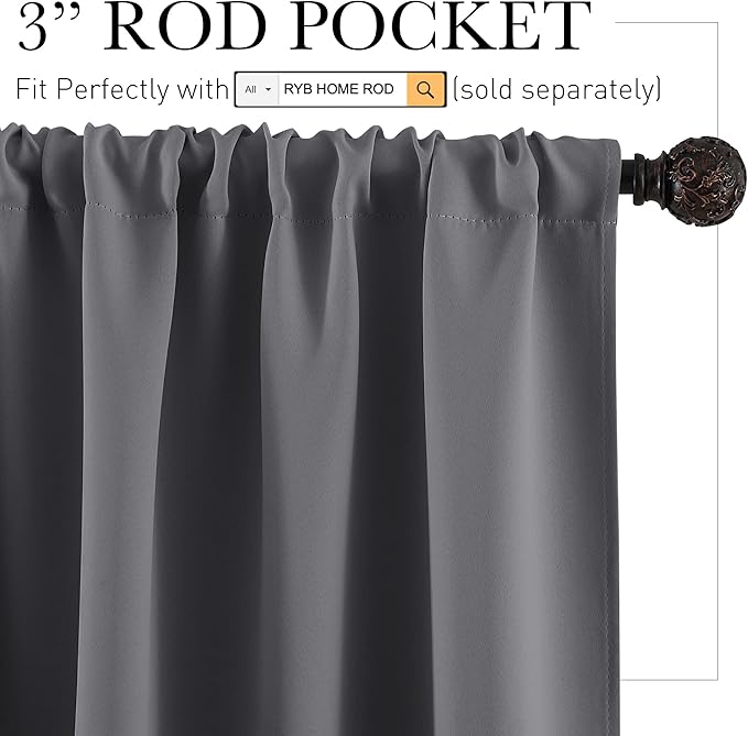 RYB HOME Blackout Curtains for Bedroom Living Room 72 inches Long, Thermal Insulated Privacy Rod Pocket Drapes for Nursery Office Home Theater, Width 42 by Length 72, Grey, 2 Panels