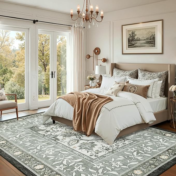 GarveeHome Provence 8x10 Area Rugs for Living Room, Botanical Grove Soft Cottagecore Washable Rug for Bedroom Dining Nursery Low-Pile Vintage Large Carpet Gray Fog Green
