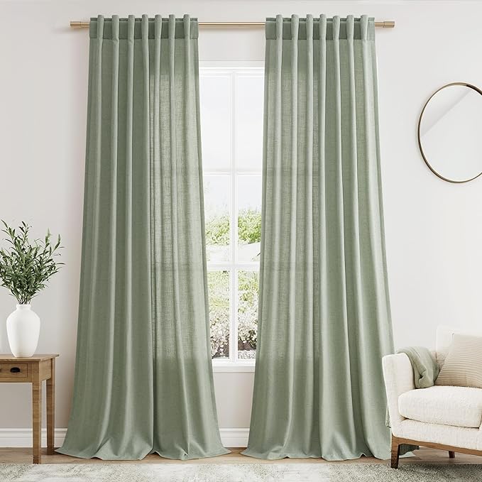 Extra Long Desert Sage Linen Curtains 120 Inch for Living Room 2 Panels Set Rod Pocket Back Tab Light Filtering Semi Sheer Linen Window Drapes Privacy High Ceiling Drapes for Farmhouse 52x120