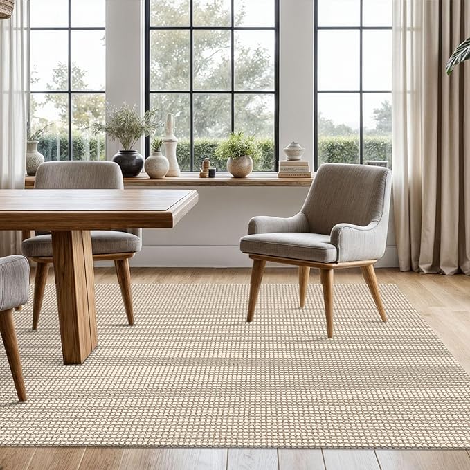 KOZYFLY Washable Area Rug 5x7 ft Rubber Backed Non Slip Rugs for Living Room Braided Cotton Bedroom Rug Woven Office Rugs Indoor Outdoor Floor Carpets for Dining Bedroom Living Room, Ivory/Khaki