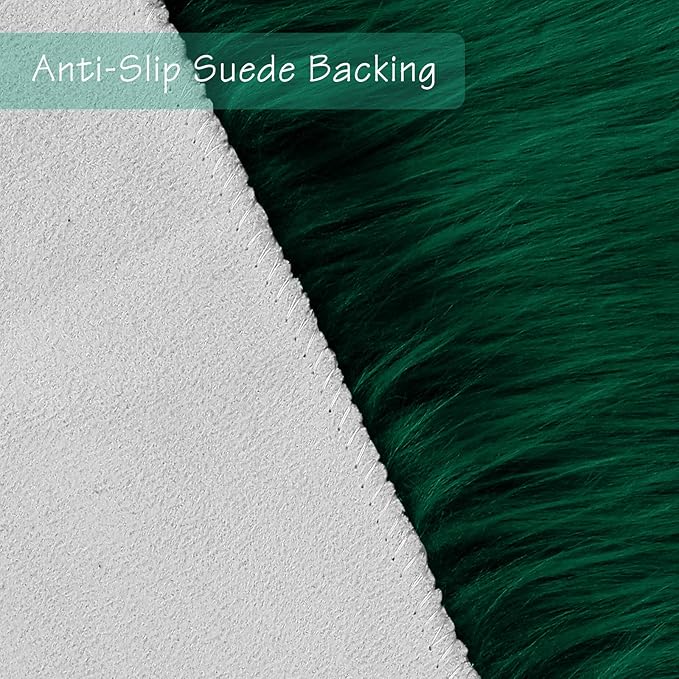 duduta Emerald Green Faux Fur Rug 3x5 ft, Fluffy Shag Rectangular Sheepskin Rug for Bedroom Nursery Living Room Dorm Washable