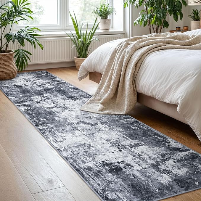 KOZYFLY Modern Abstract Rug Runner for Hallway 2x8 Grey/Black Kitchen Runner Rug Non Skid Washable Carpet Runner Laundry Room Mat Soft Fluffy Low Pile Rug for Hallway Entryway Bathroom Bedroom