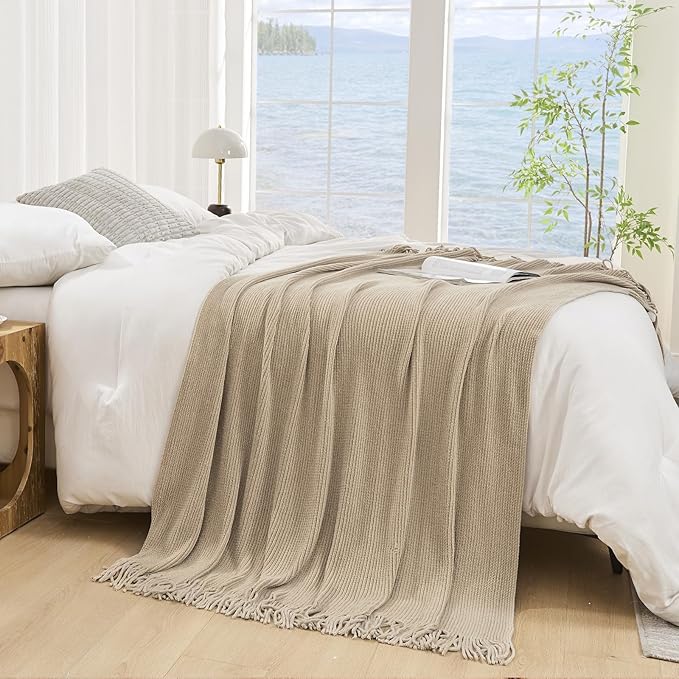 lifein Throw Blanket for Couch, Soft Boho Decor Bed Throw,Cozy Beige Knitted Chenille Small Farmhouse Lightweight Throw (Beige,60 * 80")