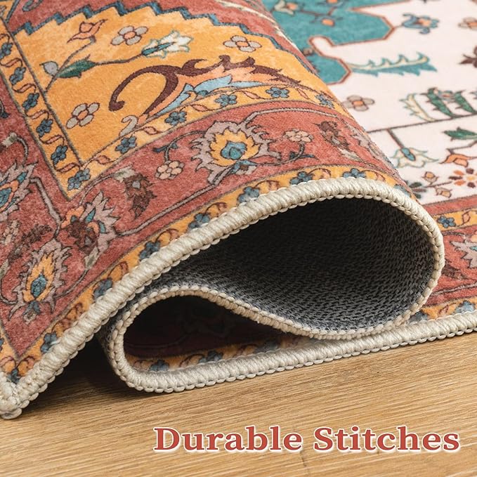 SERISSA Area Rug 3x5 Boho Orange Rugs for Bedroom, Washable Kitchen Rugs Non-Slip, Ultra Soft Print Distressed Vintage Entry Rug Low-Pile Throw Rug Carpet for Nursery Living Room Dorm Decor