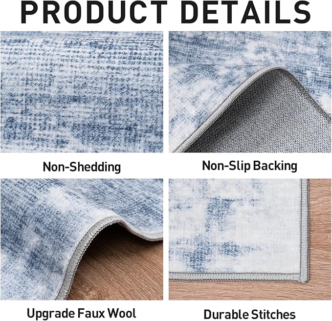 9x12 Area Rugs Washable Rug: Modern Abstract Living Room Rug Soft Anti-Skid Thin Carpet Indoor Floor Non-Shedding Carpets for Bedroom Dining Room Farmhouse Nursery Home Office Blue White