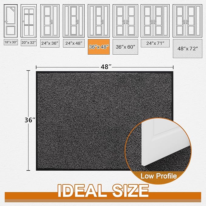 Mibao Front Door Mat, Dirt Trapper Welcome Mat for Outdoor Indoor, Non-Slip Waterproof Doormat, Durable Machine Washable Low Profile Entry Rug for Back Door Outside Patio Porch, 48" x 36", Grey