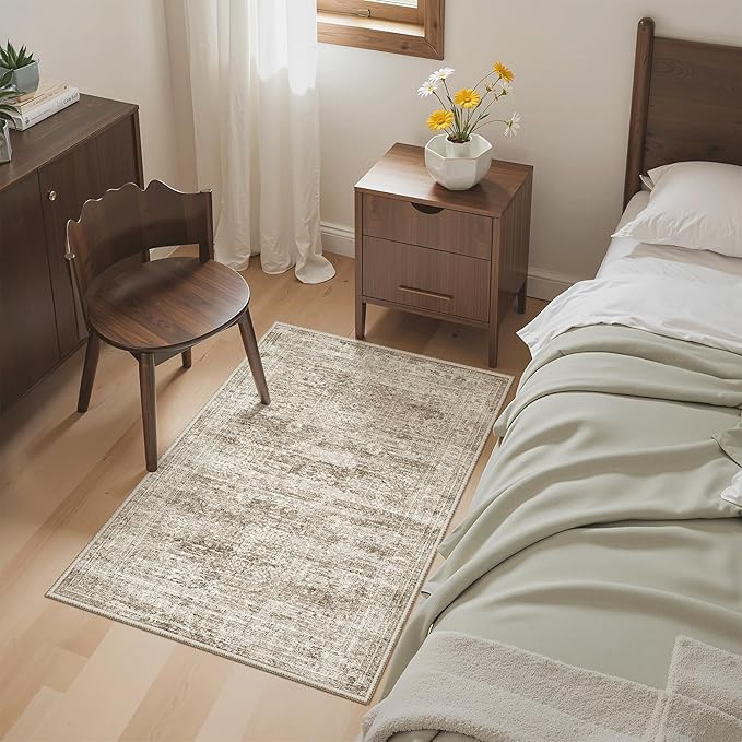 2x3 Washable Rugs for Kitchen, Floor, Entryway, Powder Room Small Area Rug Non-Slip Vintage Low Pile Throw Door Mat Brown