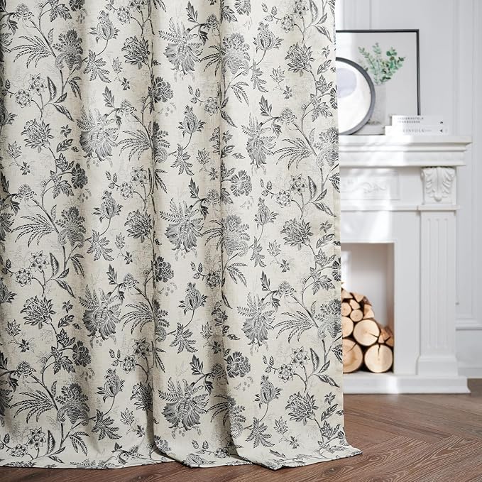 jinchan Linen Floral Curtains for Living Room with Printed Flower 96 Inches Long Light Filtering French Country Back Tab Rod Pocket Black Window Curtain Set Farmhouse Drapes 2 Panels Black