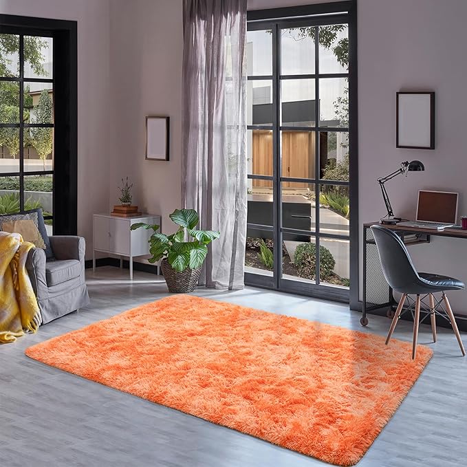 Goideal Fluffy Rug for Bedroom Living Room, 3x5 Orange Area Rugs, Faux Fur Shag Modern Carpet Ultra Soft Girls Boys Room Home Decor, Tie-Dyed