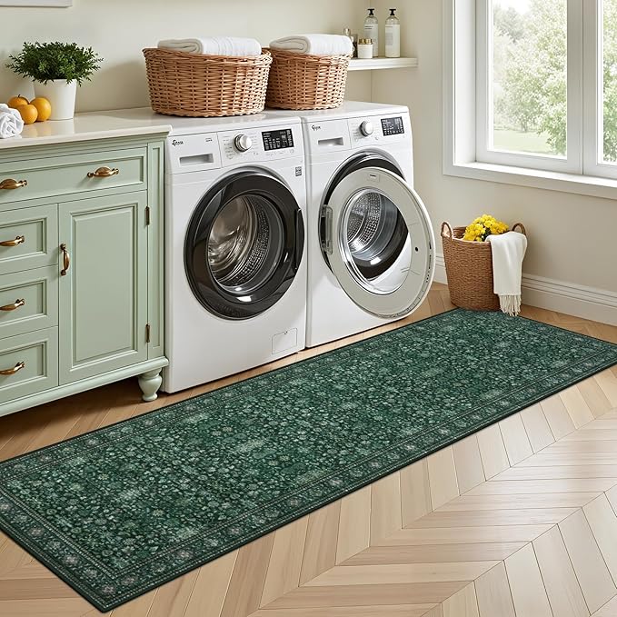 Hallway Runner Rug Non Slip - Washable 2.6x8 Kitchen Rugs for Living Room, Low-Pile Soft Bedroom Rug Indoor Floor Stain Resistant Carpets for Entryway, Laundry, Bathroom Deep Green