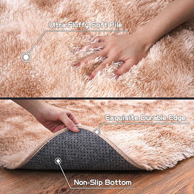 Pionblank 8x10 Rug for Living Room, Fuzzy Plush Large Area Rug, Fluffy Modern Shag Non Slip Soft Furry Carpet for Bedroom Kids Room Nursery Teens Dorm Home Decor, Tie-Dyed Beige