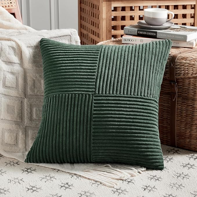 Fancy Homi Set of 2 Dark Green Boho Decorative Throw Pillow Covers 18x18 Inch for Living Room Couch Bed, Modern Farmhouse Forest Green Home Decor, Soft Textured Corduroy Corss Patchwork Cushion Case
