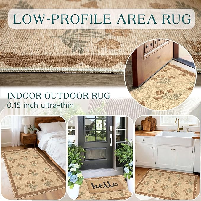 Floral Outdoor Rug - 28" x 43" Front Door Mat Indoor Outside Entrance Non-Slip Washable Outdoor Mat Jute-Look Tan Scalloped Rug for Entryway Kitchen Mudroom Layered Doormat for Front Porch