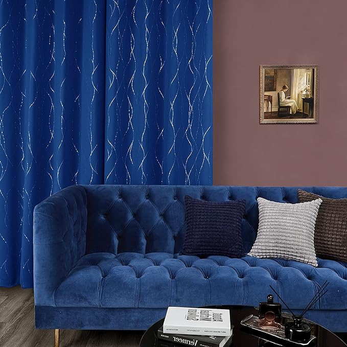 Deconovo Blackout Curtains, 38 x 36 Inch Drapes for Kitchen with Wave Dots Silver Print, Soundproof Thermal Insulated Window Curtain for Small Windows Nursery, Set of 2, Machine Washable, Royal Blue