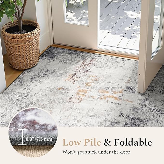 Rugflix 5x7 Area Rugs for Living Room, Washable Large Rug Stain-Resistant Low Pile, Modern Neutral Carpet for Dining Room Home Office Kid Room Nursery Bedroom, Grey Brown
