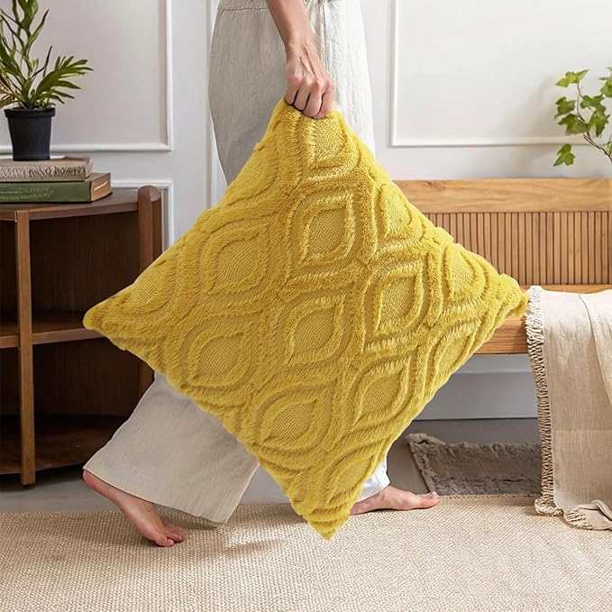 decorUhome Summer Throw Pillow Covers 24x24 Inch Set of 2, Soft Plush Faux Wool Mustard Yellow Solid Couch Pillow Covers, Accent Euro Sham Farmhouse Square Pillow Cases for Sofa Bed Living Room