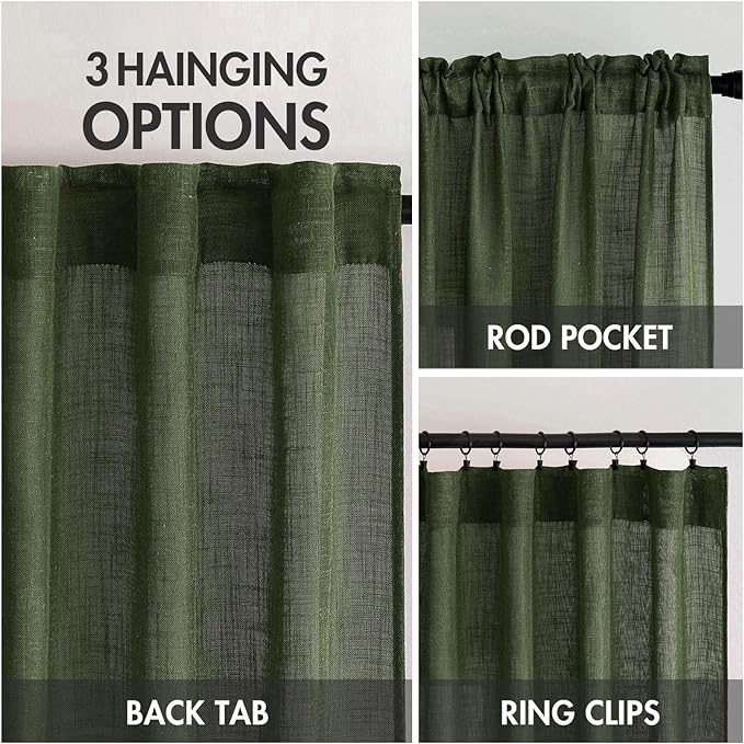MIULEE Olive Green Linen Curtains 84 Inch Length for Bedroom Living Room, Soft Thick Linen Textured Window Drapes Semi Sheer Light Filtering Back Tab Rod Pocket Burlap Look, 2 Panels, 37x84 Inches