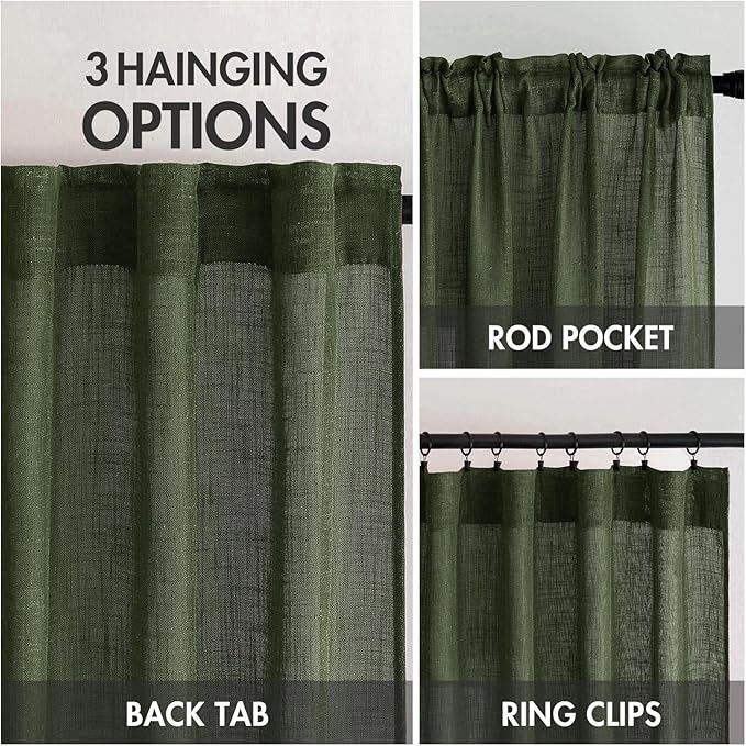 MIULEE Olive Green Linen Curtains 90 Inch Length 2 Panels for Bedroom Living Room, Soft Thick Linen Textured Window Drapes Semi Sheer Light Filtering Back Tab Rod Pocket Burlap Look Decor, W37xL90