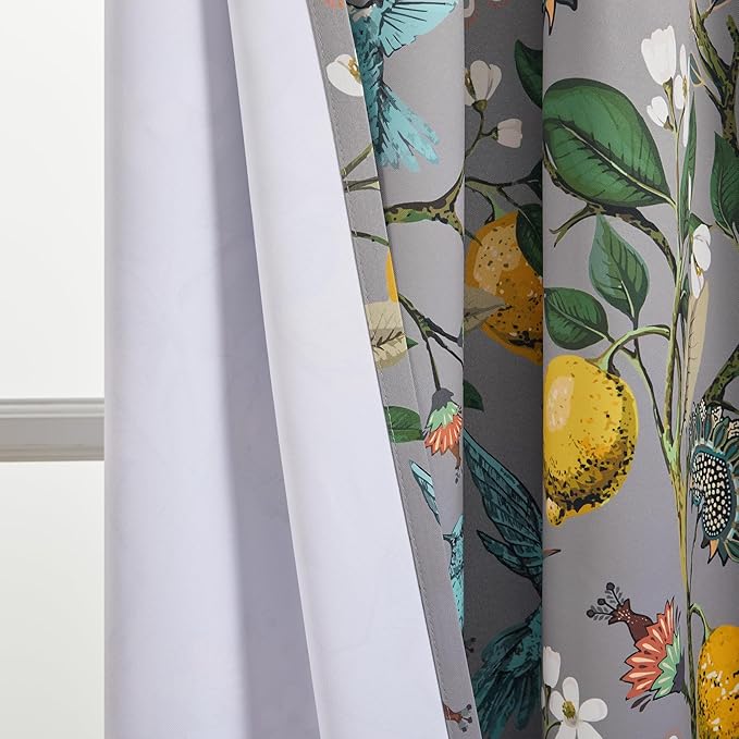 Topfinel Gray Patterned Curtains 96 Inch Long for Living Room, Bedroom Blackout Elegant Vintage Botanical Floral Hummingbird Drapes Grommet Window Treatments for Sliding Door 2 Panel 96 Inch Length