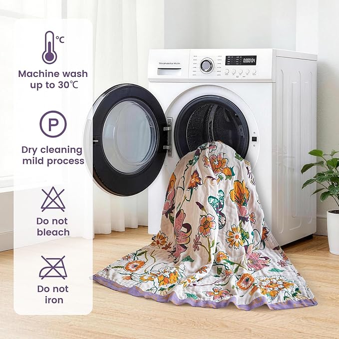 MSGKV Boho Throw Blanket 90"x108" Floral Blanket for Bed 100% Cotton Spring Breathable Lightweight Farmhouse King Blankets All Seasons Home Decor Muslin