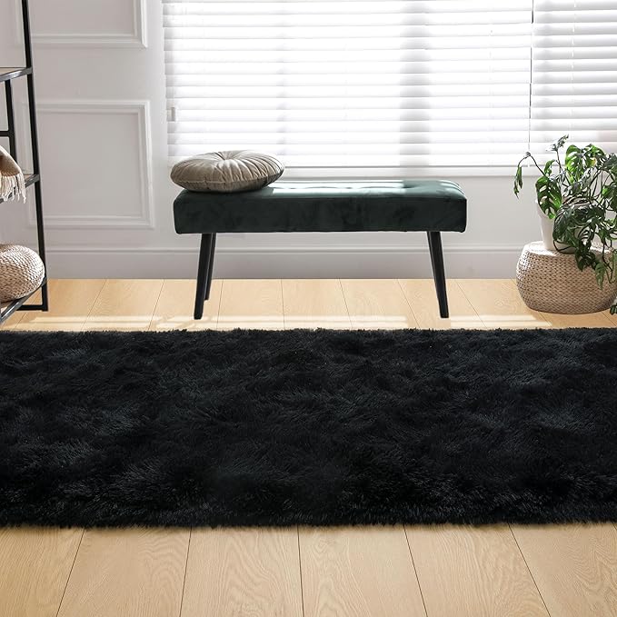 Tepook Soft Runner Rugs for Bedroom 2x6 ft with Rubber Backing, Black Fluffy Rugs for Living Room, Shag Bedside Rug Fuzzy Plush Carpet for Room, Area Rug for Dorm Nursery Hallway Indoor Home Decor