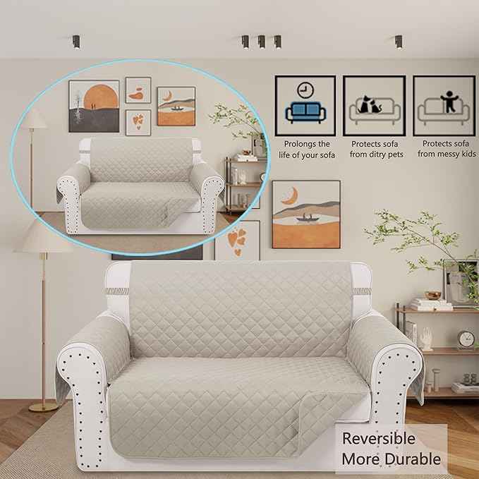 Reversible Loveseat Sofa Covers Couch Cover Furniture Protector(Loveseat Small,Beige/Beige)