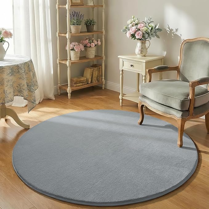 Amearea Grey Round Area Rugs 4ft Washable Circle Rugs for Bedroom Living Room, Fluffy Indoor Thickened Memory Foam Rug, Non Slip Minimalist Circular Carpet for Kids Boys Girls Dorm Nursery Room Decor