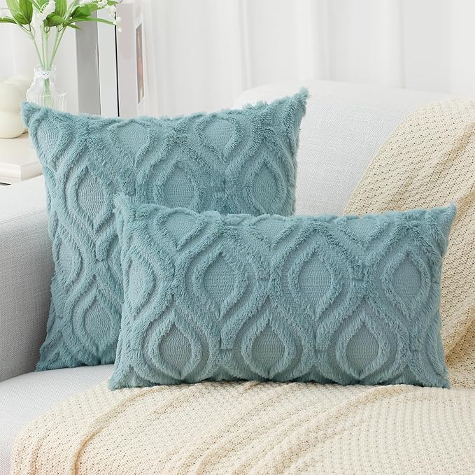 decorUhome Summer Throw Pillow Covers 18x18 Inch Set of 2, Soft Plush Faux Wool Aqua Solid Couch Pillow Covers, Accent Farmhouse Neutral Square Pillow Cases for Sofa Bed Living Room