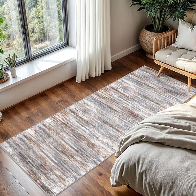 KOZYFLY Kitchen Runner Rug for Hallway Non-Slip Modern Abstract Runner Rug 2x5 Grey Brown, Washable Carpet Runner Laundry Room Mat with Soft Low Pile for Entryway Bathroom Bedroom Kitchen