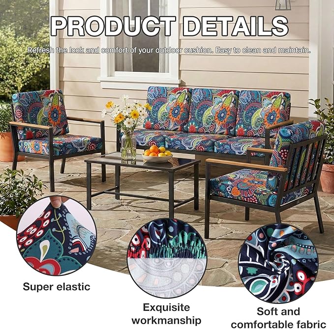 hyha 4Pcs Patio Cushion Covers, Stretch Outdoor Couch Cushion Covers Replacement, Washable Outdoor Chair/Sofa Slipcovers for Patio Furniture Cushions Protector with Elastic Bottom(Paisley,Cover Only)