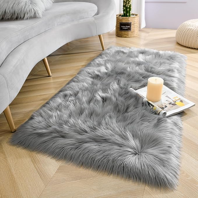 LOCHAS Soft Fluffy Faux Fur Rugs for Bedroom Bedside Rug 2x4 Feet, Washable, Furry Sheepskin Area Rug for Living Room Girls Room, Luxury Shag Carpet Home Decor, Grey
