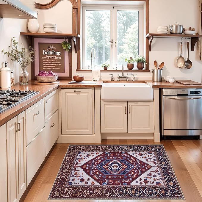 SERISSA Boho Rugs for Entryway, 2x3 Washable Non-Slip Rug Small Area Rug, Ultra Soft Oriental Vintage Burgundy Navy Low-Pile Indoor Door Mat Floor Carpet for Entrance Bedroom Kitchen Bathroom