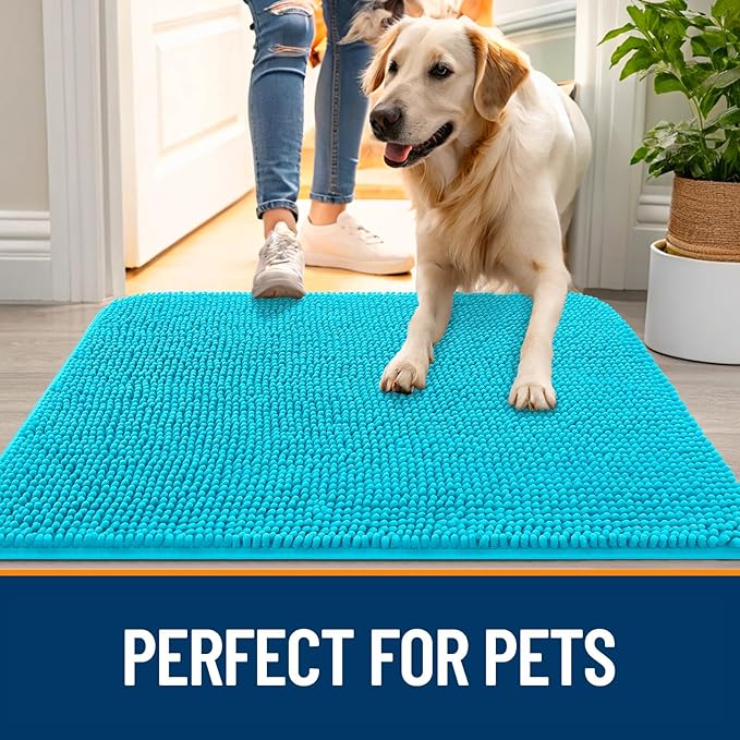OLANLY Dog Door Mat for Muddy Paws 40x32, Absorbs Moisture and Dirt, Absorbent Non-Slip Washable Doormat, Quick Dry Chenille Mud Mat for Dogs, Entry Indoor Entryway Carpet for Inside Floor, Aqua Blue