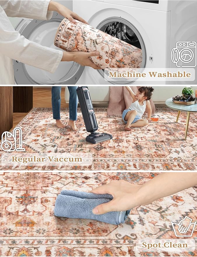 SERISSA Boho Washable Runner Rug, 2'6"x8' Non-Slip Vintage Peach Cream Hallway Kitchen Runner Rug Ultra Soft Print Distressed Floor Carpet for Bedroom Bathroom Laundry Room