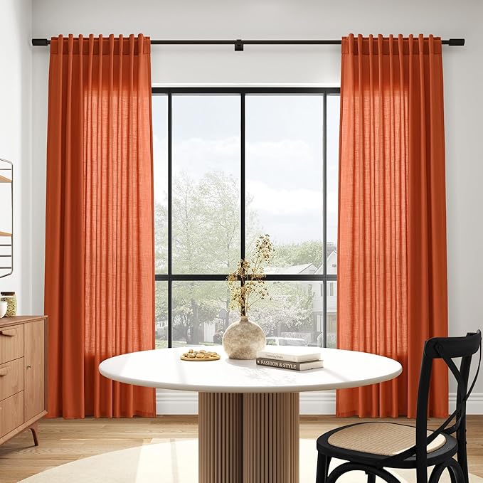 Nanspring Bright Orange Linen Blend Light Filtering Back Tab Curtains 84 Inches Long, Semi Sheer Privacy Drapes for Living Room & Bedroom Simple Style, 52x84 inch, 2 Panels