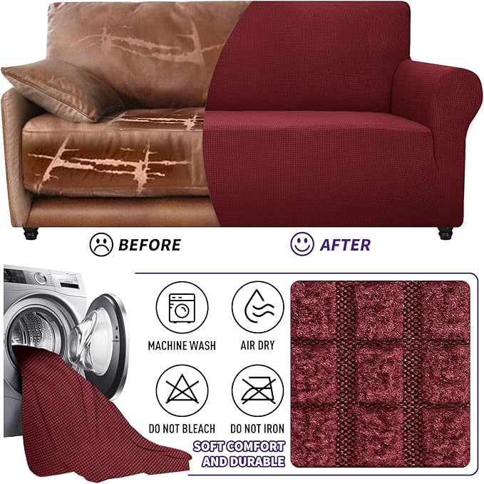 ZNSAYOTX Super Stretch Couch Cover Love Seat Sofa Covers for Living Room Dogs Pet Friendly Furniture Protector Spandex Loveseat Slipcovers with Anti Slip Foam Sticks (Wine Red, Loveseat)