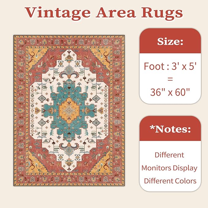 SERISSA Area Rug 3x5 Boho Orange Rugs for Bedroom, Washable Kitchen Rugs Non-Slip, Ultra Soft Print Distressed Vintage Entry Rug Low-Pile Throw Rug Carpet for Nursery Living Room Dorm Decor