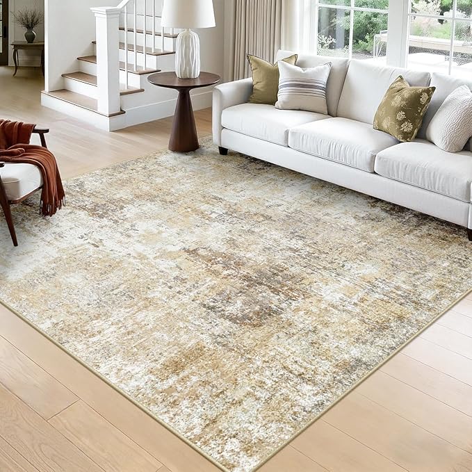 Washable Area Rugs Square 8ft Non-Slip Modern Abstract Soft for Living Room Entryway Bedroom Nursery, Print Pattern, Neutral Brown Gray
