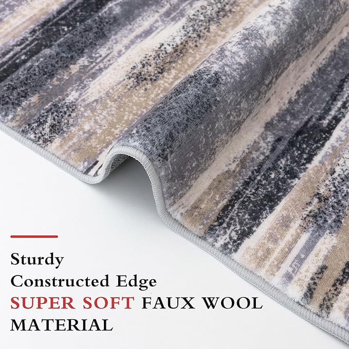 Lansny Modern Abstract Runner Rug 3x8, Grey Black Multi Washable Kitchen Runner Non-Slip Soft Hallway Rug Runner Thin Print Faux Wool Carpet for Entryway Bedroom Laundry Room Indoor Home Office Decor