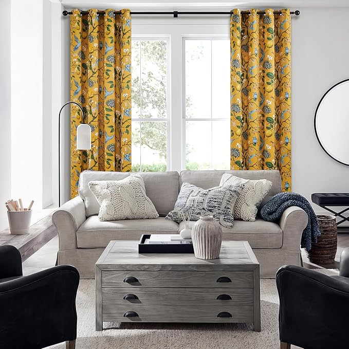 Topfinel Mustard Yellow Curtains, Aesthetic Unique Rustic Thermal Insulated Noise Reducing Cottagecore Floral Flower Printed Modern Farmhouse Window Treatment 63 Inch Length 2 Panels Bedroom 52x63