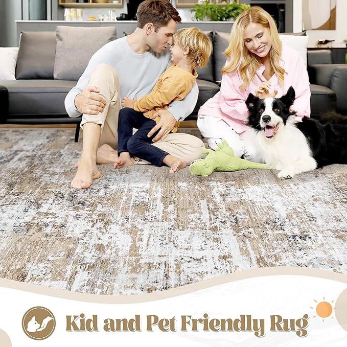 9x12 Area Rug for Living Room, Washable Modern Abstract Large Area Rug Neutral Soft Non Slip Kids Rug Stain Resistant Indoor Carpet for Bedroom Dining Room Playroom Office(Beige, 9'x12')